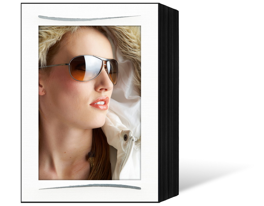 Endlosleporello für 13x18 cm - schwarz - weiße leinenstrukturierte Maske - Silberstrich - 25 Teile