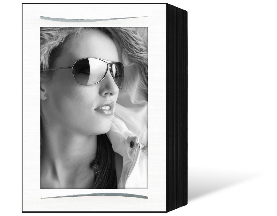 Endlosleporello für 13x18 cm - schwarz - weiße leinenstrukturierte Maske - Silberstrich - 25 Teile