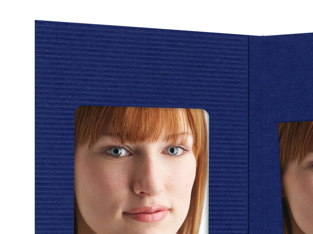 100 Stück Passbildmappe mit Ausschnitt 35x50 mm & Tasche - blau gerippt
