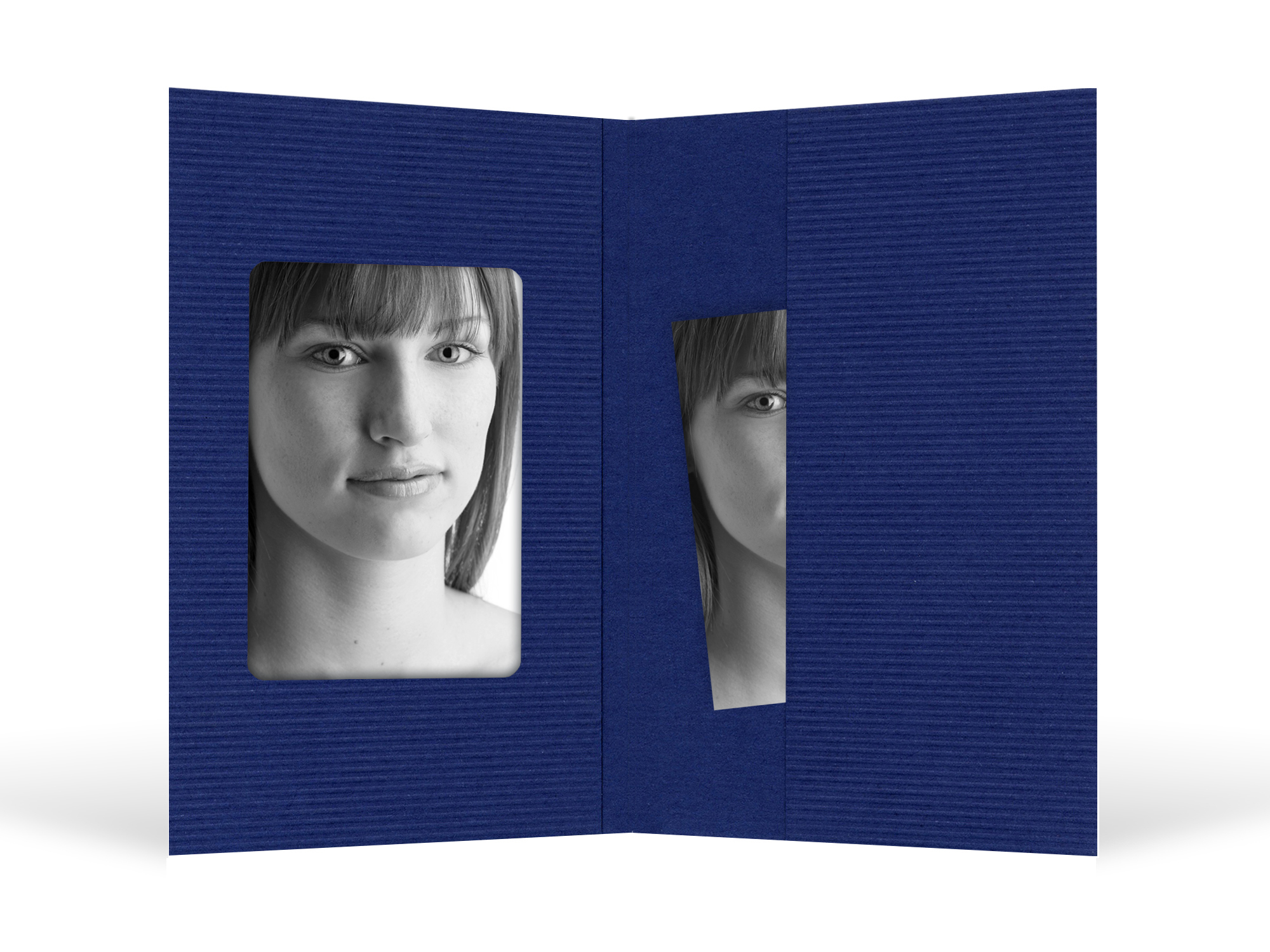 100 Stück Passbildmappe mit Ausschnitt 35x50 mm & Tasche - blau gerippt